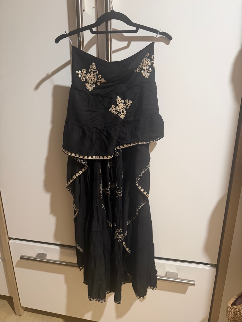 Black Embroidered Strapless Asymmetrical High Low Peplum Blouse